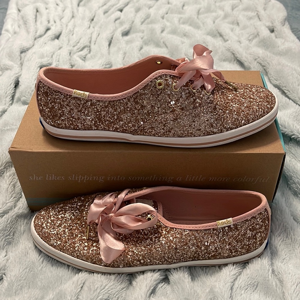 Keds ♠️ Kate Spade rose gold glitter shoes. Size 7.5. EUC in box.